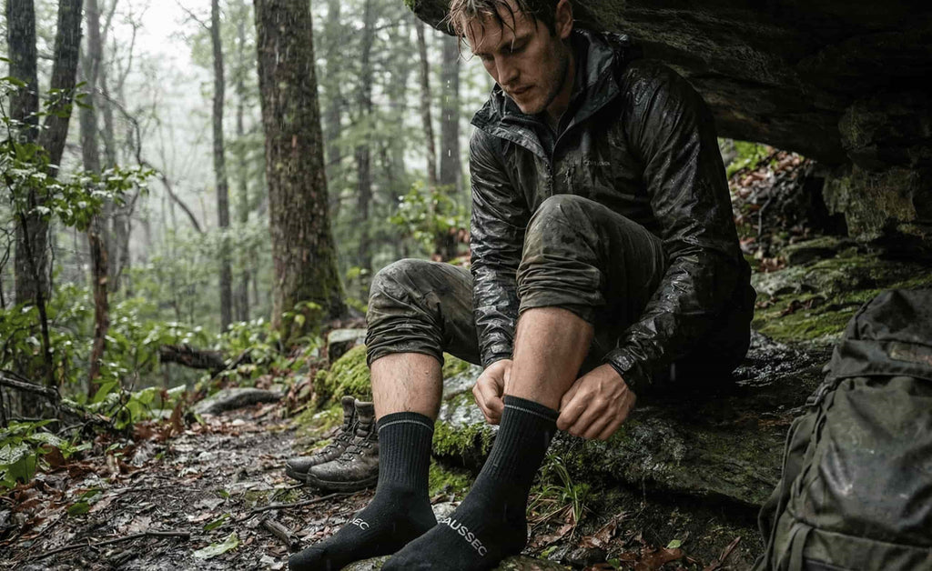 Homme dans une grotte sous la pluie avec les chaussettes imperméables Chaussec.