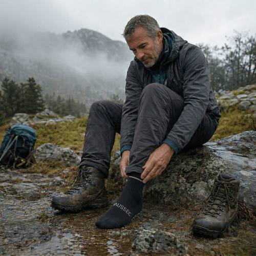 Homme_qui_mets_sa_chaussette_impermeable_en_montagne_